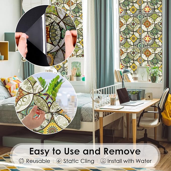 DKTIE Static Cling Decorative Window Film with Installation Tools Non Adhesive Privacy Film, Stained Glass Window Film for Bathroom Shower Door Heat Cotrol Anti UV, 17.7 x 78.7 Inch