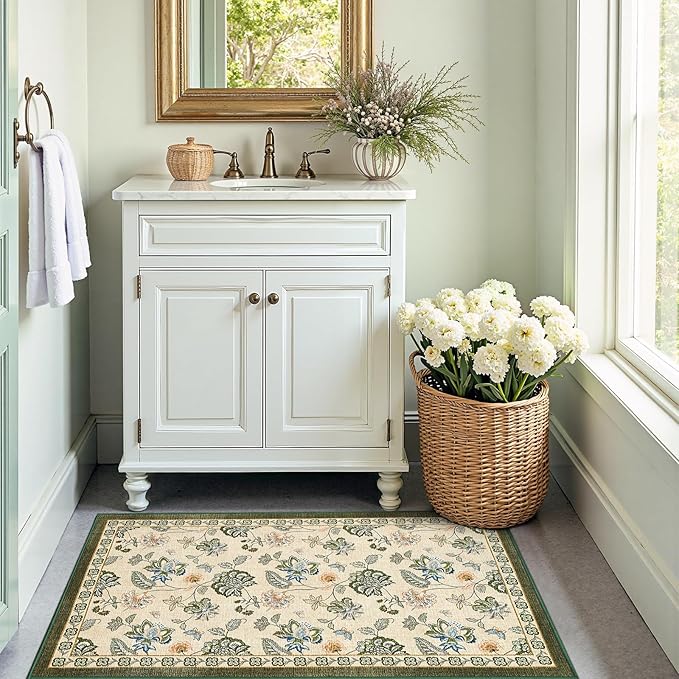 jinchan 3x5 Floral Rug for Entryway Washable Kitchen Rug Vintage Romance Design Small Mat Non Slip Indoor Doormat Lightweight Low-Profile Throw Carpet for Entrance Bathroom Laundry Room, Green/Beige