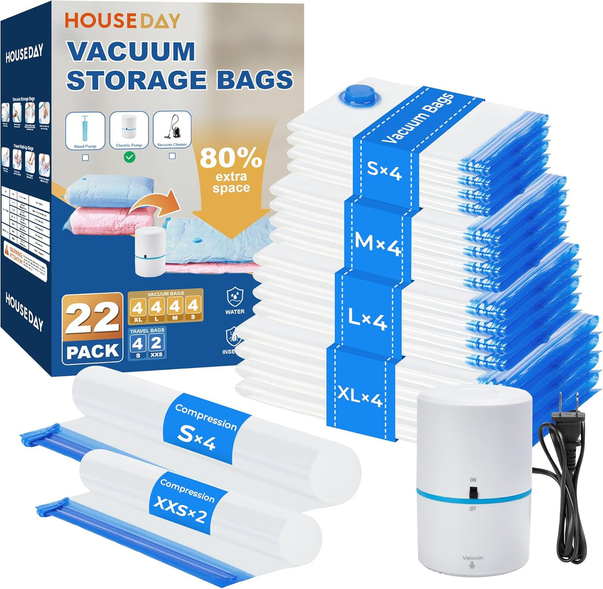 HOUSE DAY 22 Pack Vacuum Seal Bags For Clothing Travel, 80% Space Saving Travel Vacuum Bags with Electric Pump, Vacuum Storage Bags For Clothes, Comforters, Blankets, Moving, Storage & Organization