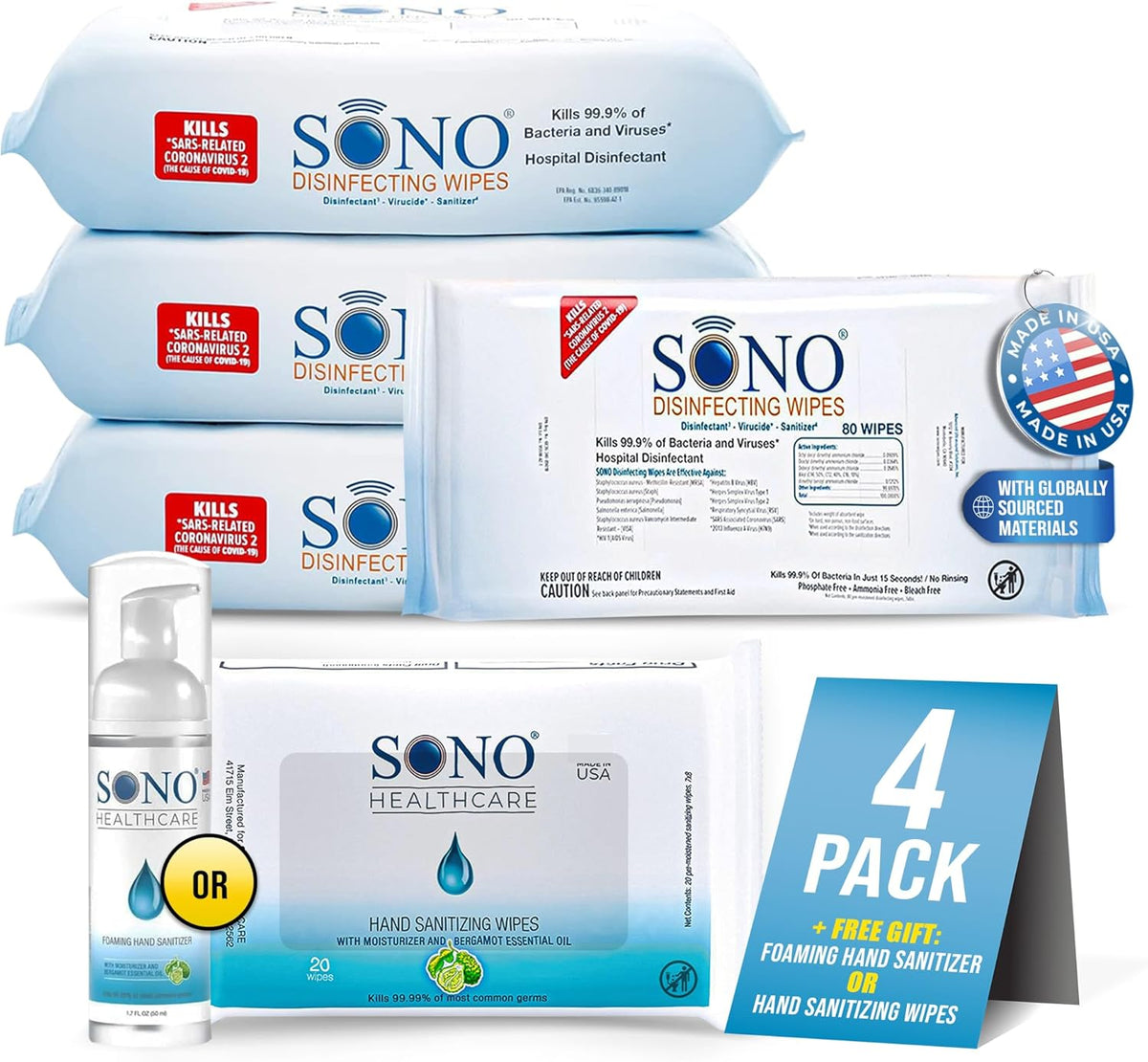 SONO Disinfecting Wipes - Antibacterial, No Alcohol & Bleach, Medical-Grade, All-Purpose - School, Household, Dorm, Salons, Spas, Wellness & Yoga Studios Cleaning Kit - 320 ct (pack of 4) w/Sanitizer