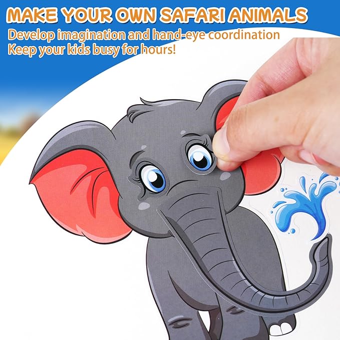 Aowplc 48 Make A Safari Animal Sticker Sheets - Jungle & Zoo Party Favors Supplies - Fun Craft Activities for Kids Ages 3+