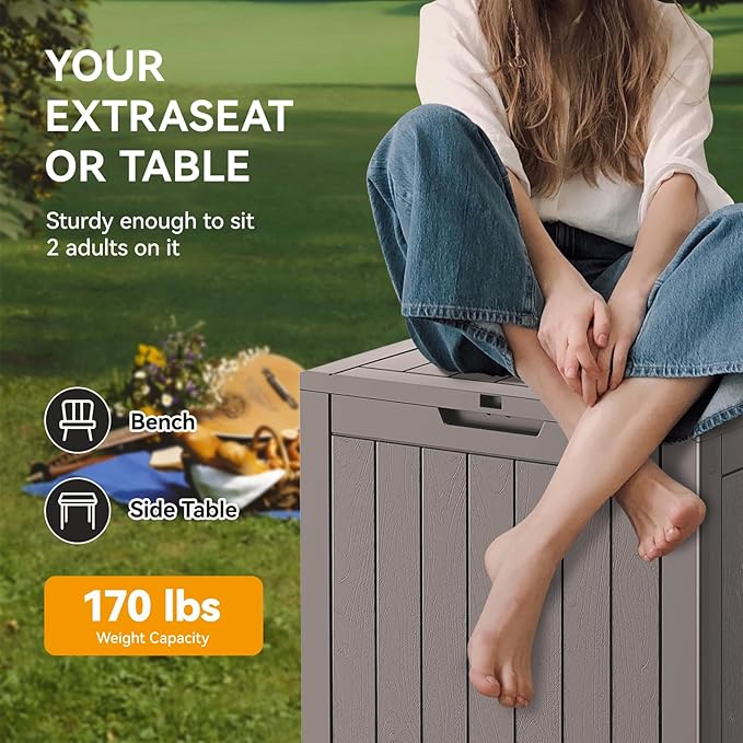 KAMABOKO Deck Box, 32 Gallon Resin Indoor and Outdoor Storage Boxes Waterproof for Garden Tools, Pool Accessories Storage Bench, Patio Furniture and Cushions with Lockable Lid, Grey