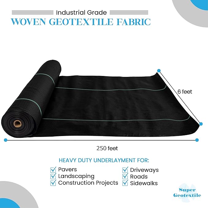 Woven Geotextile Fabric for Driveway and Road Stabilization, Construction Underlayment, Erosion Control, Commercial Grade 50 Year for Gravel Roads and Pavers (6x250)