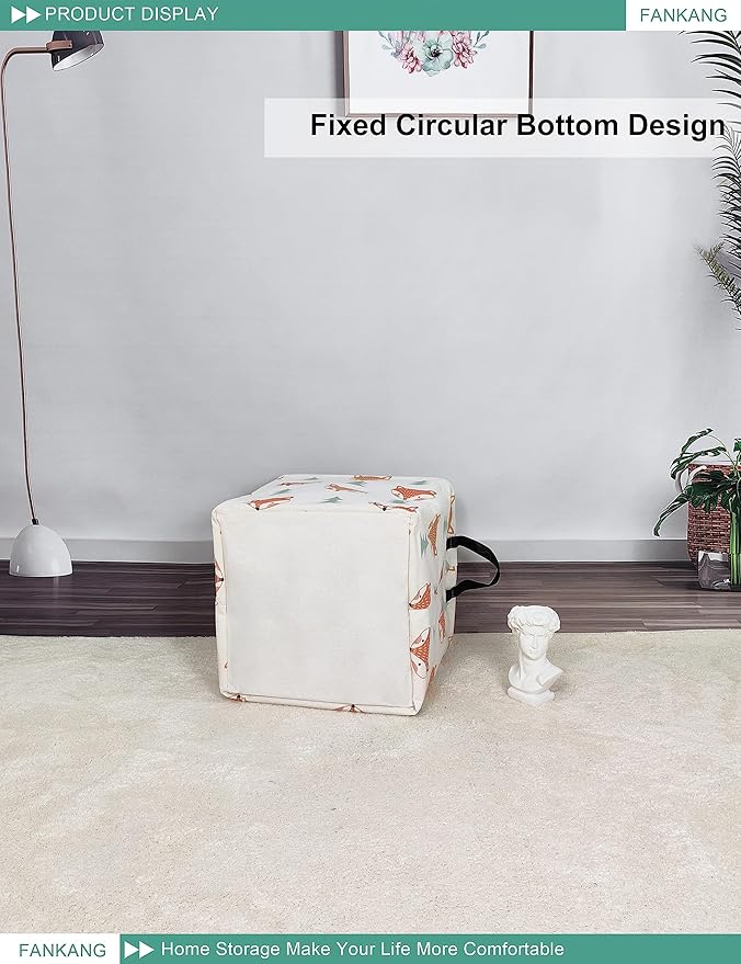 FANKANG Square Nursery Hamper Storage Bins Canvas Laundry Basket Foldable with Waterproof PE Coating Storage Baskets Gift Baskets for Children, Office, Bedroom, Clothes（Square-Fox）