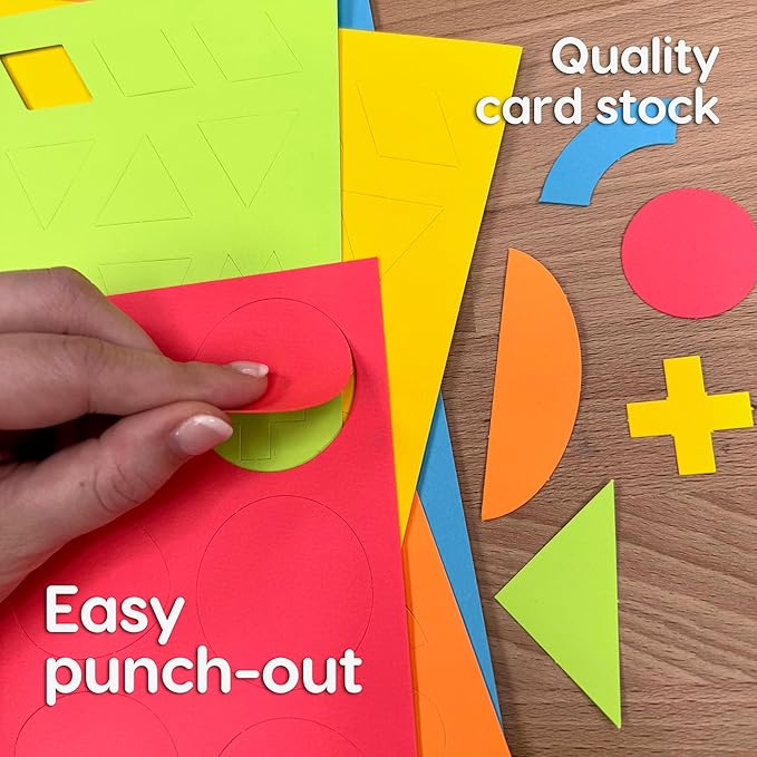 ARTshapes 840 pc Creative Paper Shapes Pack with 70+ Idea Guide - US Made Card Stock - Punch Out Funky DIY Craft Supplies for Whimsical Art Designs, Paper Crafts, and Pattern Play 5 Bright Colors