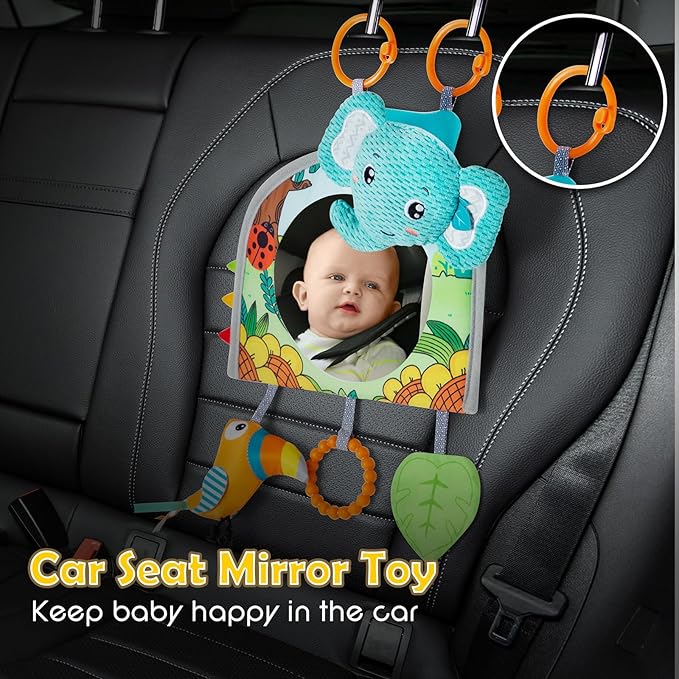 Car Seat Toy, Baby Car Mirror for Rear Facing, Travel Baby Activity Center with Hanging Engaging Toys for Infants Babies 0-6-12-18 Months Boy Girl