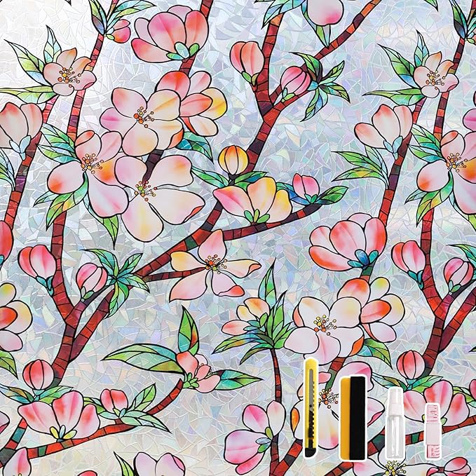 NINETREX Window Privacy Film,3D Stained Glass Window Film,Rainbow Static Cling Stickers Blocks Heat & UV,Non-Adhesive Vinyl for Home Door (Peach Blossom,17.5 x 78.7inch)