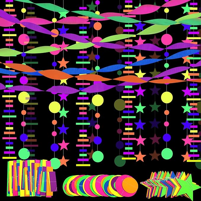 700ft Neon Paper Garland Glow in Dark Paper Streamers UV Reactive Round Dot Star Kit Banners for Neon Party Supplies, Wedding Decorations, Birthday Parties