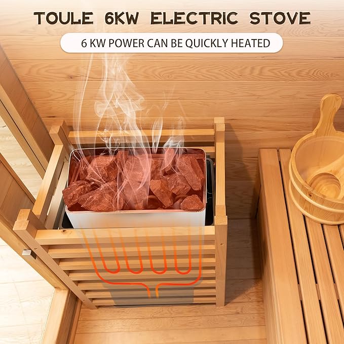 1-2 Person Outdoor Wooden Sauna Room,Canadian Cedar 220V 6KW Electric Stove Backyard Steam Sauna Kit with Light (White)