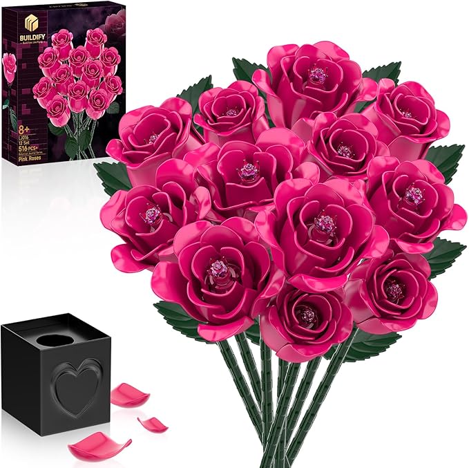 12 Everlasting Roses Bouquet Building Set, Gothic-Style Botanical Diary Series, Includes Heart-Shaped Gift Box Base, The Best Gifts for Your Wife and Family on Birthdays and Holidays (516 PCS)