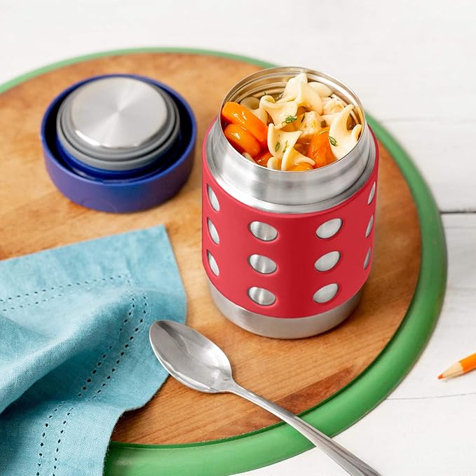 LunchBots Thermal 12 oz Triple Insulated Thermos - Hot 6 Hours or Cold 12 Hours - Leak Proof Thermos Soup Jar - All Stainless Interior - Navy Lid - Red Dots