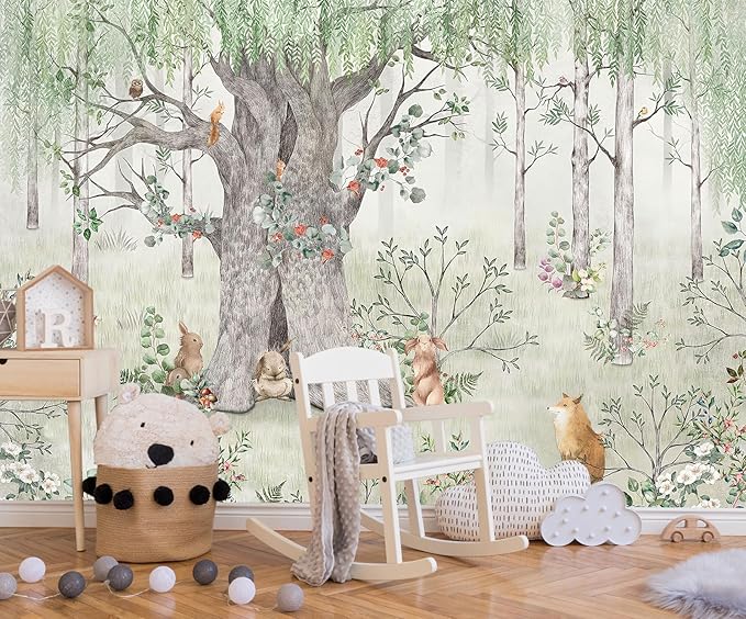 Watercolor Forest Animals Wallpaper Kids Large Tree Mural Wallpaper for Kids Bedroom Living Room(Not Self-Adhesive)