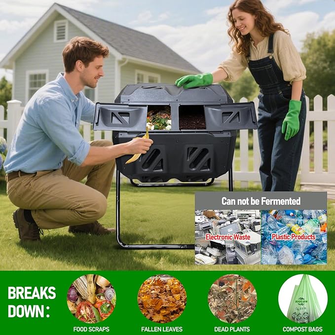 Compost Bin, 43 Gallon Dual Chamber Composter Tumbler Outdoor with 2 Sliding Door and Aeration System, BPA-Free Large Rotating Composting Bin for Garden, Kitchen, and Yard Waste, Black