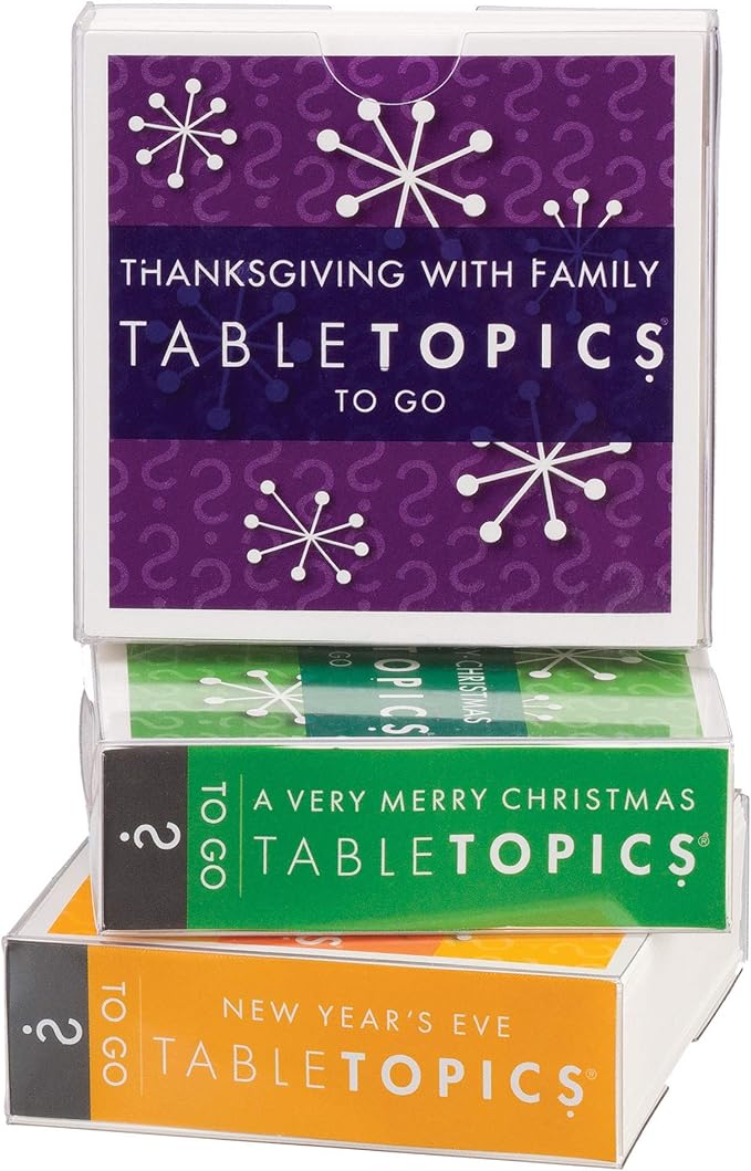 TableTopics Holiday Conversation Pack Card Game - 120 Festive Conversation Starter Cards for Thanksgiving, Christmas, & New Year's Parties, Dinner Table Game for Family Bonding, Boxed Set of 3 Topics