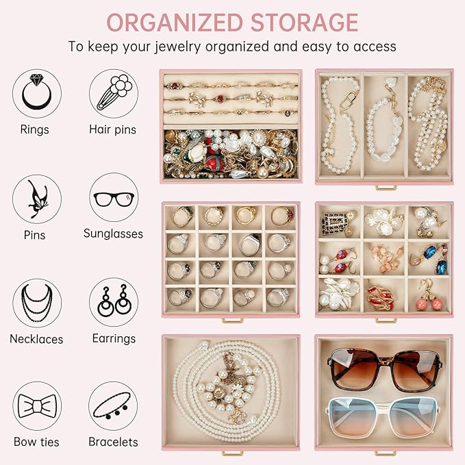 AKOZLIN 6-Tier Jewelry Box Organizer Functional 5 Drawers Leather Jewelry Storage Case for Women Girls Ring Necklace Earring Bracelet Holder Organizer with Mirror Pink