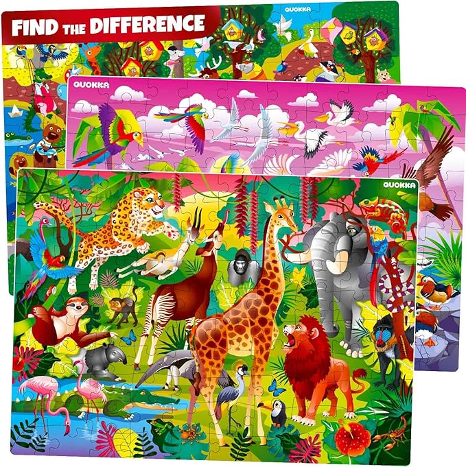 QUOKKA 100 Piece Puzzles for Kids Ages 8-10 – 3XSET Puzzles for Kids Ages 4-6 – Toy for Learning Wildlife Neighbors and Feathered Friends for 5-8 Year Old – Toddler Game Gift for Boy and Girl