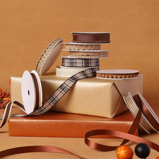 LaRibbons Natural Brown Ribbons for Crafts 10 Rolls 45 Yards TTL Thin Ribbon for Sewing Gift Wrapping Home Decor