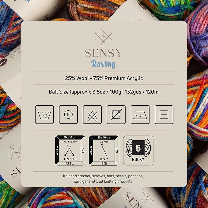 Sensy Roving Multi Color Yarn, 3.5 oz, 132 Yards, Gauge 5 Bulky (Carnaval)