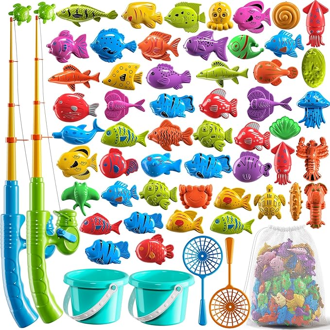 Magnetic Fishing Game Pool Toys for Kids 3-5, Water Table Bathtub Kiddie Party Toy with Pole Rod Net Plastic Floating Fish, Outdoor Toys for Kids Age 3 4 5 6 7 8 Year Old
