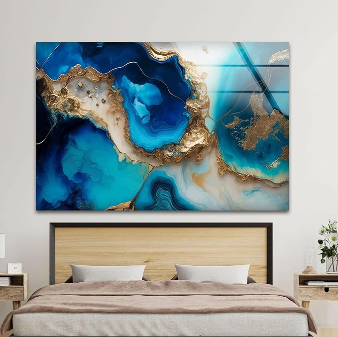 My Photostation.com 20Wx14H'' Blue Alcohol ink Glass Wall ArtTempered Glass Printing Wall Decor Large Wall Art Wall Hangings