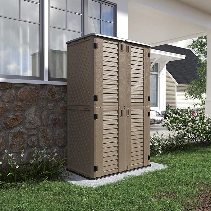 KINYING Sheds & Outdoor Storage, 66 cu.ft Vertical Outdoor Storage Cabinet, Resin Storage Sheds Outdoor with Floor for Garden Tools,Patio Furniture,Garbage Cans(Brown Color)