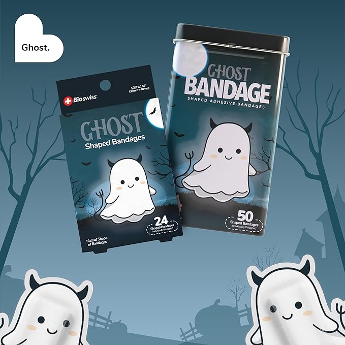 BioSwiss Bandages, Halloween Ghost Shaped Self Adhesive Bandage, Latex Free Sterile Wound Care, Fun First Aid Kit Supplies for Kids, 24 Count