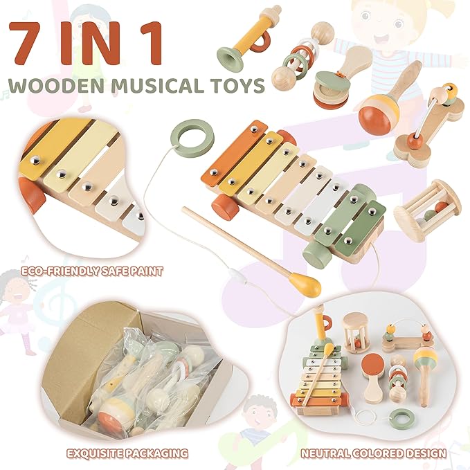 VINJOE Baby Musical Instruments-Toddler Montessori Wooden Musical Toys for Kids, Neutral Colors Percussion Instruments Set Early Learning Musical Toys for Preschool Educational Birthday Gifts