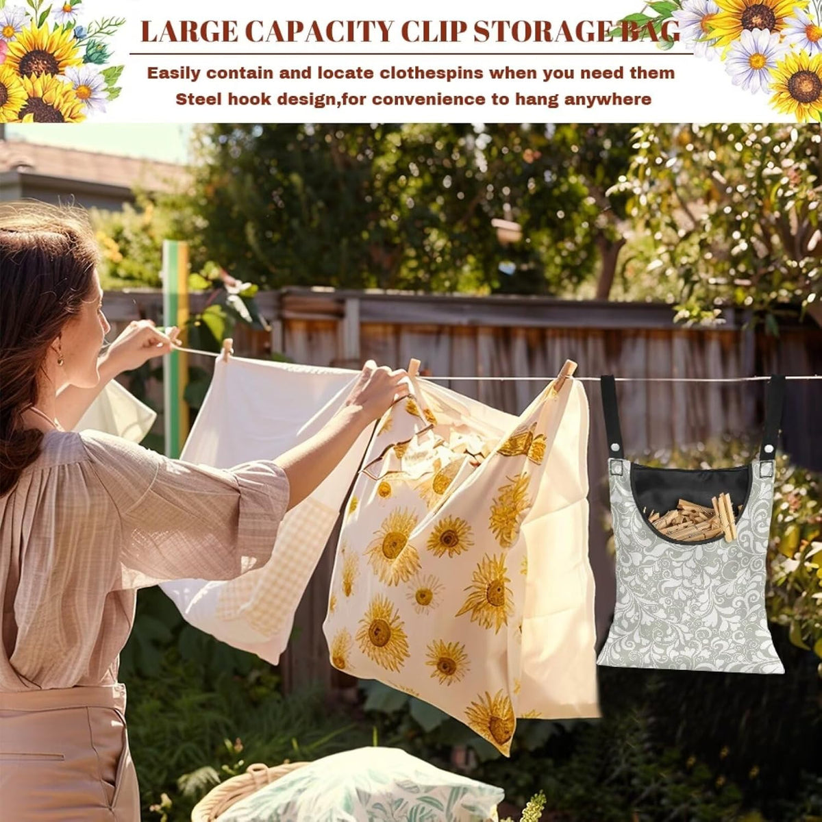 Large Clothespin Storage Bag 14.5"x12" with Oversized Opening - Heart Shape Floral Print Green Heavy Duty Polyester Hanging Organizer for Outdoor Clotheslines with Secure Snap Closure