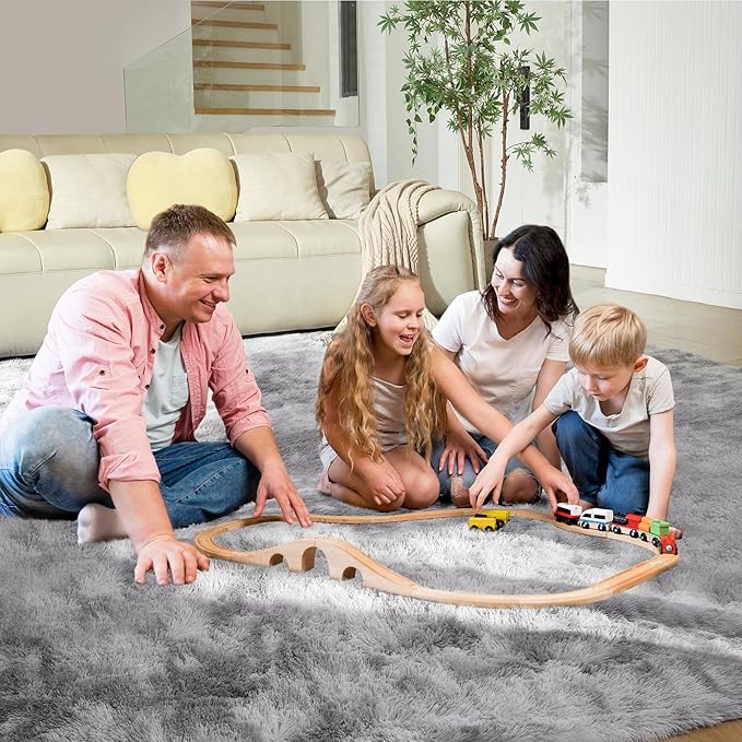 Ultra Soft Rug for Living Room, 3X5 Fluffy Shag Area Rug for Bedroom, Modern Shaggy Carpets Fuzzy Rug for Teens Dorm Nursery Home Decor Aesthetic, Upgrade Anti-Skid Durable, Tie-Dyed Light Grey
