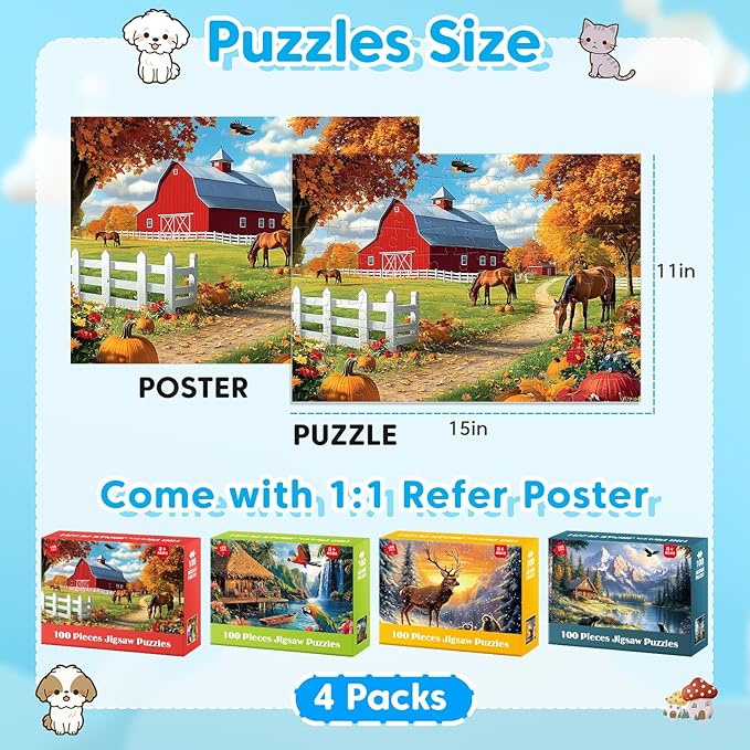 4 Packs Puzzles for Kids Ages 4-6 6-8 8-10, Farm Rainforest Wild Animals Kids Puzzles, 100 Pieces Jigsaw Puzzle for Seniors Adults Kids Learning Puzzle Toys Gifts for Girls Boys 15x11 inch