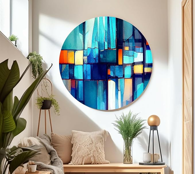 My Photostation.com 60WX40H'' Blue Vibrant Stained Glass Wall ArtTempered Glass Printing Wall Decor Large Wall Art Wall Hangings