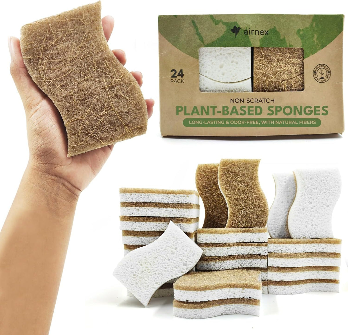 Biodegradable Natural Kitchen Sponge - Compostable Cellulose and Coconut Walnut Scrubber Sponge (24 Pack)
