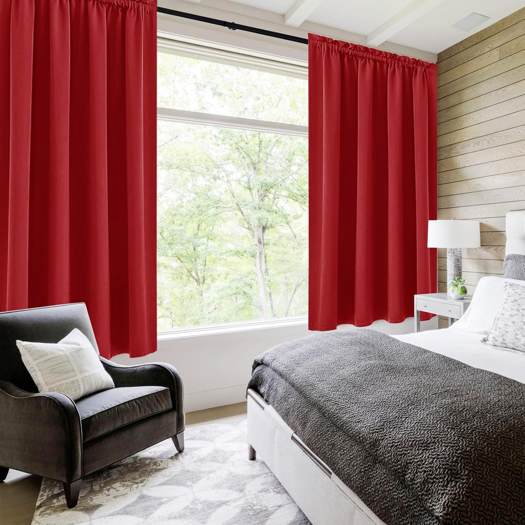 DWCN Blackout Curtains for Living Room Thermal Insulated, Energy Saving & Noise Reducing Bedroom Curtains, Red, W 52x L 36 Inch, Set of 2 Rod Pocket Curtain Panels