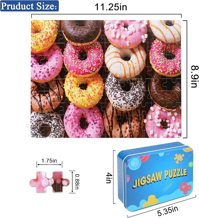 LELEMON 100 Pieces Donut Jigsaw Puzzle for Kids Ages 4-8 Sweet Colorful Donut Jigsaw Puzzles in a Metal Box Children Boys Girls Learning Educational Puzzles Toys