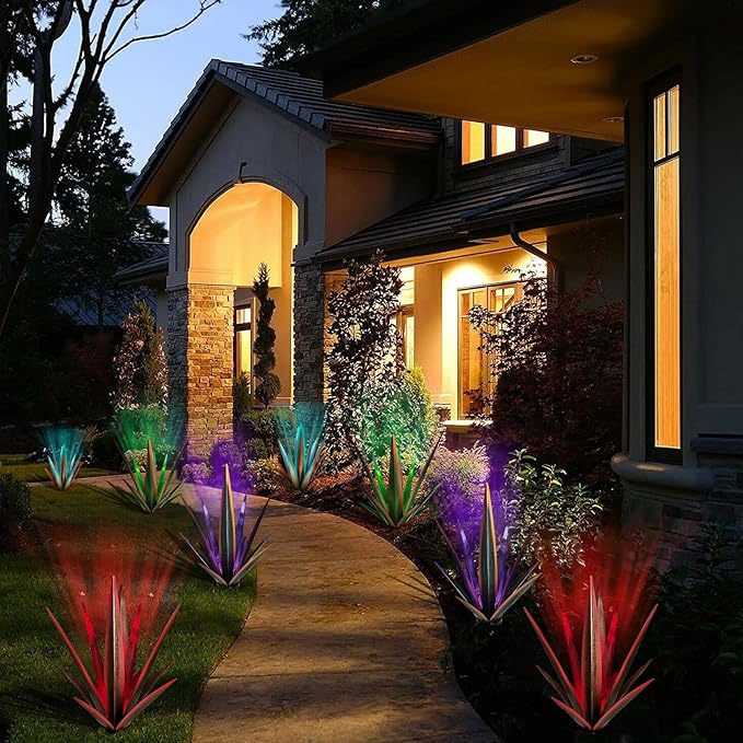Large Tequila Rustic Sculpture, Rustic Metal Agave Plants for Outdoor Patio Yard, Home Decor Hand Painted Metal Agave Garden Yard Statue, Outdoor Lawn Ornaments (Blue - L (W/Solar Light))