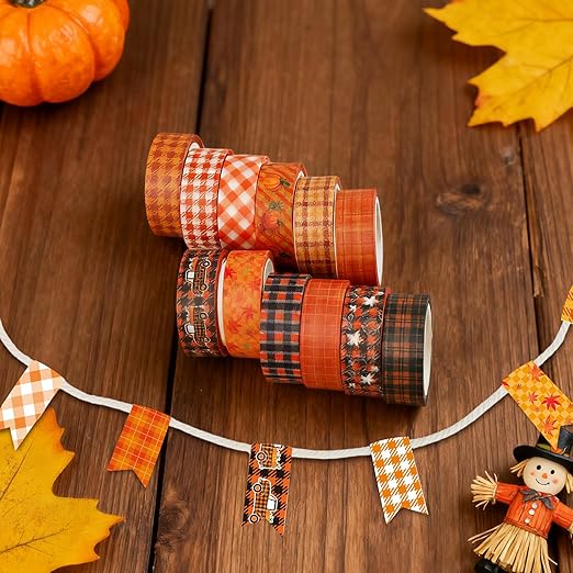 12 Rolls Autumn Washi Tape Set - Thanksgiving Theme Grid Pumpkin Maple Fall Decorative Tape for Bullet Journal, Scrapbooking, Planner, DIY Wrapping Crafts 16.4FT