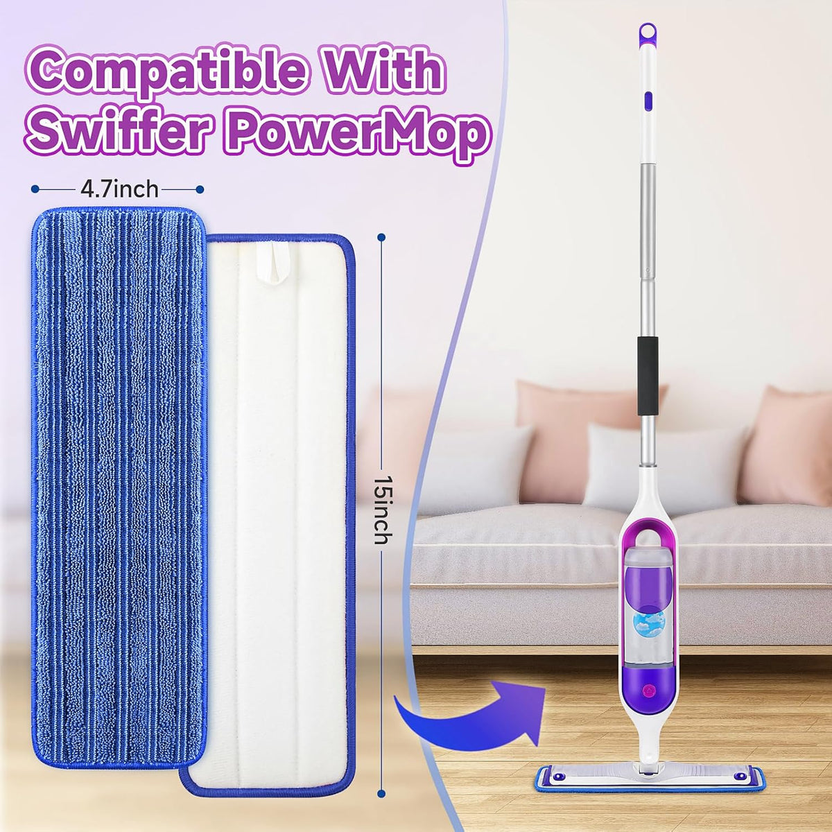 8 Pack Reusable Mop Pads Compatible for Swiffer PowerMop,Microfiber Mop Replacements Pads for 13''-15'' Spray Mop, Machine Washable Power Mop Pads for Swiffer,Dry Wet Spray Floor Pads, Blue