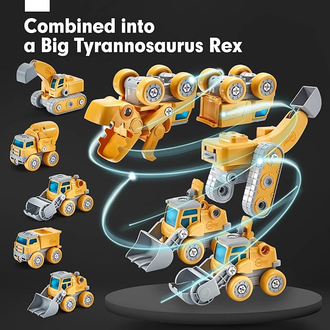 hahaland Toys for 5+ Year Old Boys - Take Apart Dinosaur Kids Toys Construction Vehicles 5 in 1 Transform into Dinosaur Robot STEM Building Toy for 5 6 7 8 Year Old Boys