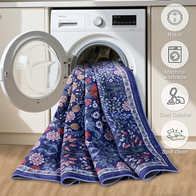 8x10 Area Rugs for Living Room: Floral Washable Rug Vintage Large Soft Boho Non-Slip Carpet Indoor Floor Stain Resistant Carpets for Bedroom Dining Room Farmhouse Nursery Home Office Blue