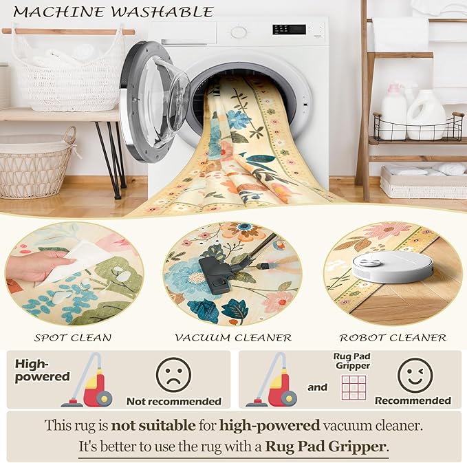 Floral 2x8 Area Rug Machine Washable Soft Print Boho Carpet Non Slip Doormat Low Pile Flower Area Rugs for Living Room Bedroom Nursery Kitchen Dining Room Indoor-Ivory/Yellow
