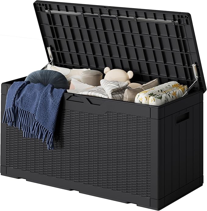 Greesum 100 Gallon Resin Deck Box Lockable Large Outdoor Storage Boxes for Garden Tools, Patio Furniture Cushions, Pool Supplies, Black
