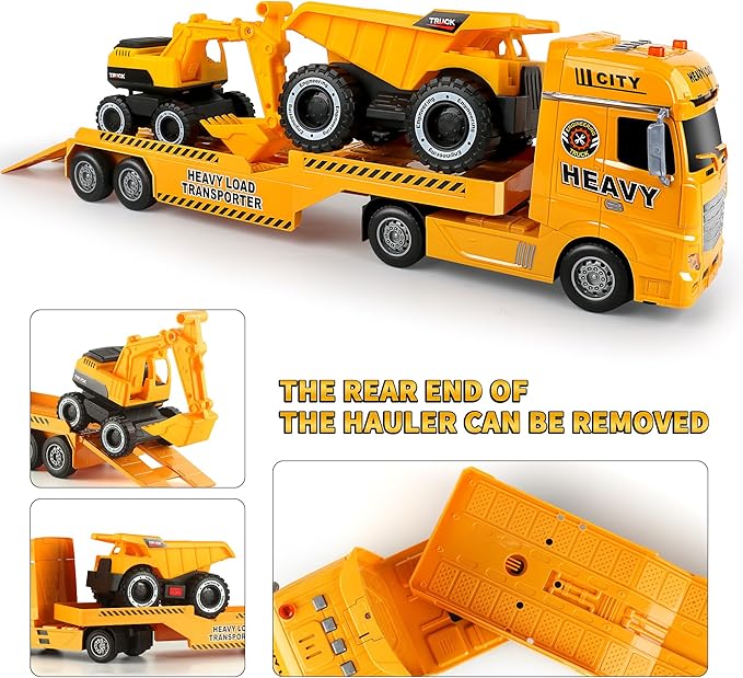 Dwi Dowellin Construction Carrier Truck Kids Toys,25.6" Semi-Trailer Toy with Excavator and Dump Truck,Gifts for Age 3 4 5 6+ Years Old Boys Girls