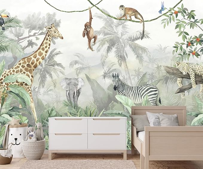 Nursery Safari Wallpaper Kids Tropical Jungle Banana Leaf Wall Mural Animals Wall Decor for Boys Room Girls Room Bedroom Living Room(Not Self-Adhesive)