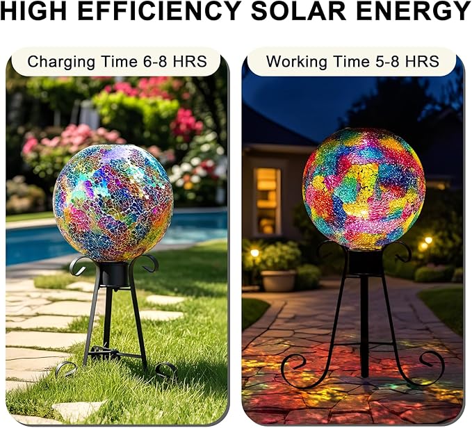 VOREEN Mosaic Solar Glass Gazing Ball, 10 Inch Colorful Gazing Globe, Handmade IP44 Waterproof Garden Decor Outdoor Ornament Sphere for Patio Lawn Yard, Gift for Mom Wife Friend