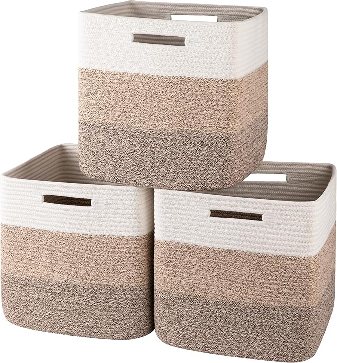 OIAHOMY 13 Kallax Inch Cube Storage Bins, 3-Pack Cotton Rope Woven Baskets for Organizing, Kallax Insert Storage Baskets for Shelves, Baby Nursery, Closet Organizer, 13*13*12.6IN, Gradient Brown