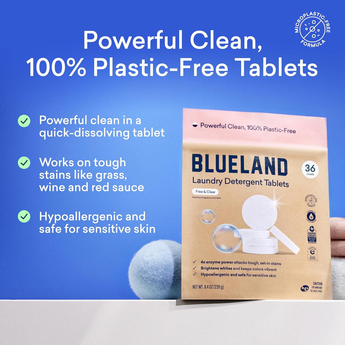 BLUELAND Laundry Detergent Tablets, 36 Count, Plastic-Free Eco-Friendly Pods, Sheets, Liquid Alternative - Fragrance Free and Clear, Natural, Gentle