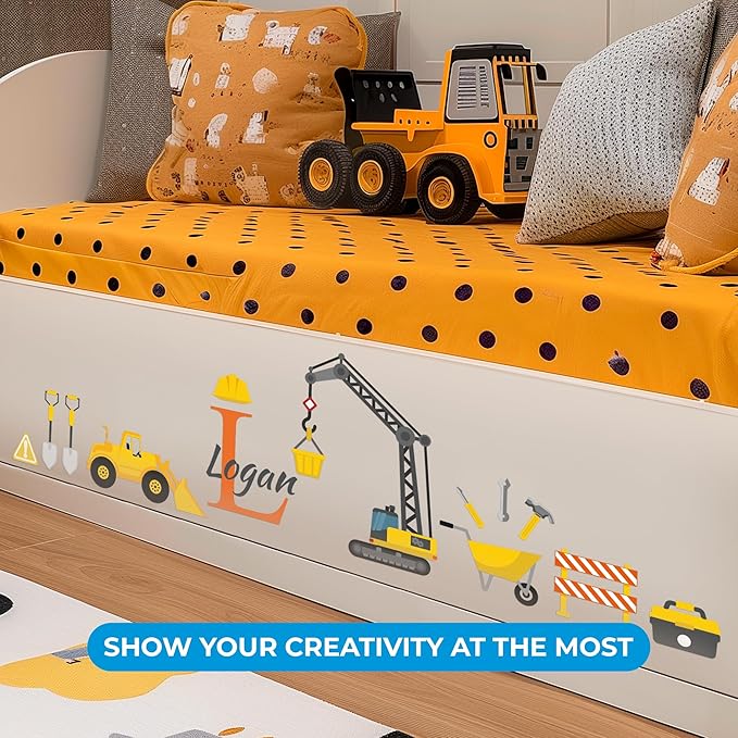 Custom Toddler Construction Crane Wall Decal I Personalized Name & Initial I Nursery Wall Decal for Toddler Room Decorations I Wall Sticker for Bedroom Wide 42"x35" Height (Shown) (Large)