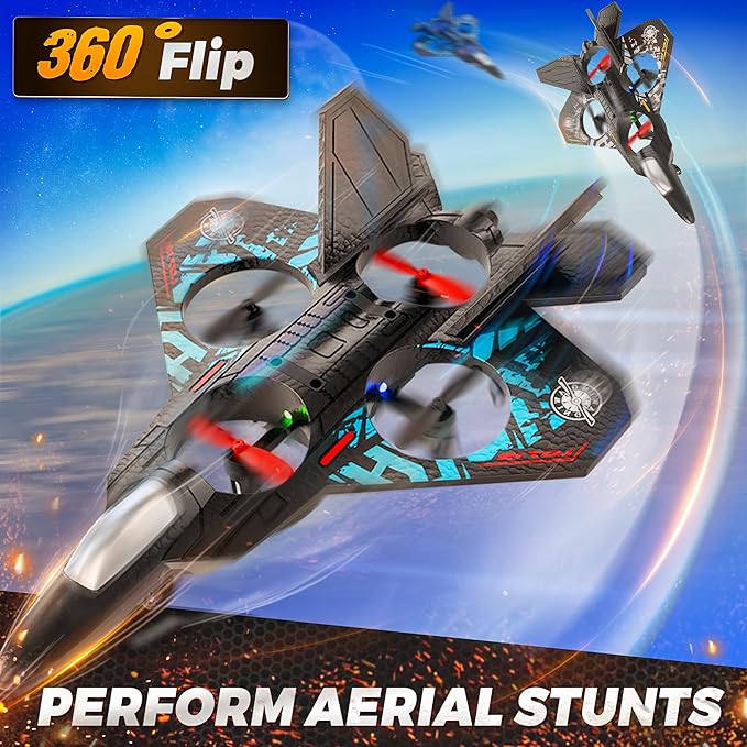 BEZGAR Drones for Kids | 2.4GHZ RC Plane, Remote Control Airplane, RC Helicopter, 360° Flip Fighter Jet Toy with Colorful LED Navigation Light Blue