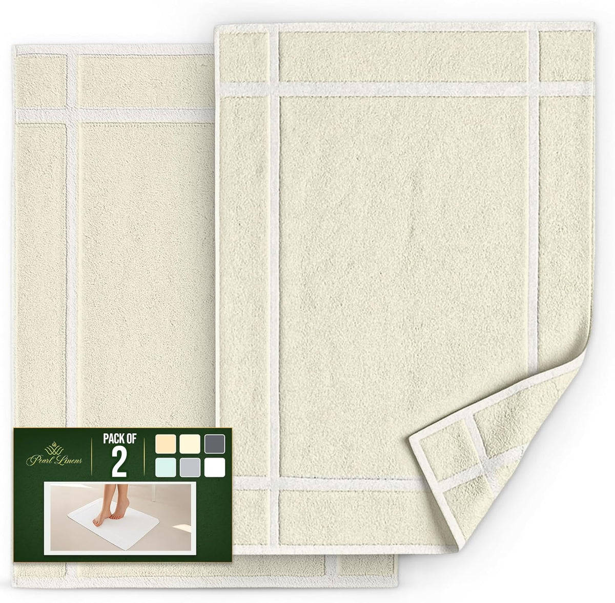 Pearl Linens Pack of 2 100% Cotton Bathmat 20x30 inches, Soft & Absorbent Quick Dry Bathroom Mat Set, Not Bathroom Rugs, After Shower Mat, Bath Tubmat, 687 GSM, Machine Washable, Ivory