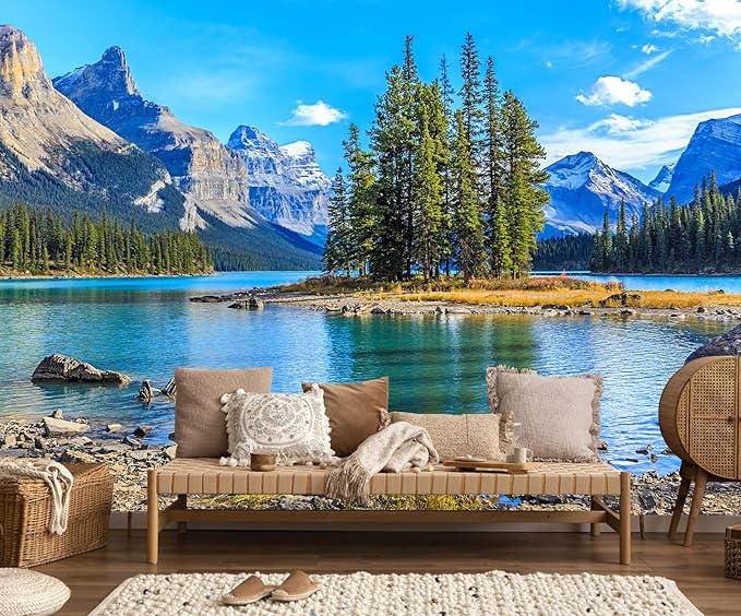 Nature Landscapes Mural Wallpaper Lake Mountain Tree Wall Mural for Bedroom Living Room Basement(Not Self-Adhesive)